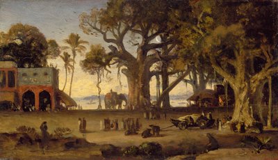 Maanverlichte scène van Indiase figuren en olifanten tussen banyanbomen, Boven-India (waarschijnlijk Lucknow) door Johan Joseph Zoffany